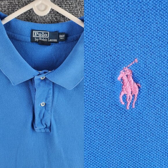 Polo Ralph Lauren 3XLT Short Sleeve Blue Polo Shirt Pink Embroidery Logo Cotton - Picture 1 of 16
